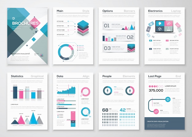 Grande insieme di brochure aziendali e elementi vettoriali infografici