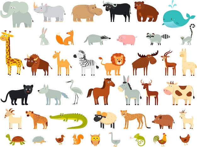 Big set of cartoon animals A Giraffe a lion an elephant a zebra a hippo a lemur a whale etc