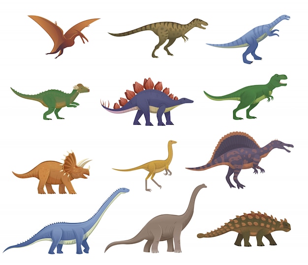 Vettore grande set di dinosauri dei cartoni animati. pterodactylus, ankylosaurus, stegosaurus, pachycephalosaurus, spinosaurus, tyrannosaurus, tarbosaurus, triceratops, gallimimus, amphicoelias, diplodocus, plateosaurus