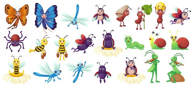 Big set of cartoon insects for kids Humanized insects with hands and eyes for kids Fun to study