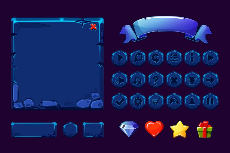 Vector big set cartoon neon blue stone assets and buttons for ui game,  gui icons