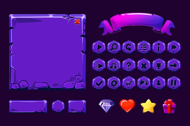Большой набор мультипликационные неоновые фиолетовые каменные активы и кнопки для ui game, иконки gui