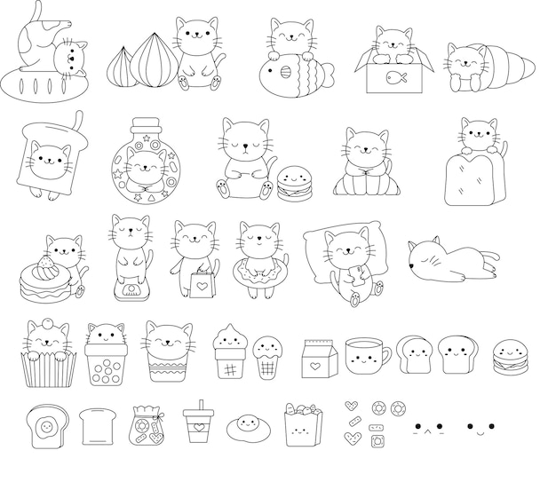 Vector big set cat animal cartoon hand drawn,doodle,line art style cute cartoon funny character.