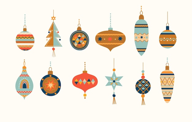 Big set christmas balls in scandinavian stylehand drawn christmas baubles