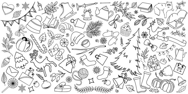 Vector big set of christmas doodle design elements hand drawn vector isolated objects