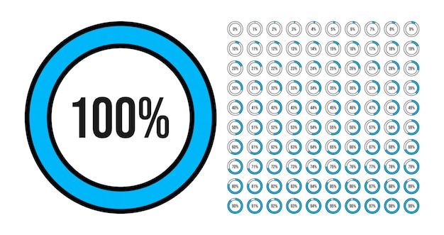 Vettore grande set di diagrammi percentuali del cerchio da 0 a 100 percento. illustrazione vettoriale. diagramma del cerchio della raccolta colorato blu isolato su bianco. utilizzare per infografica, interfaccia utente, web design, presentazione aziendale.