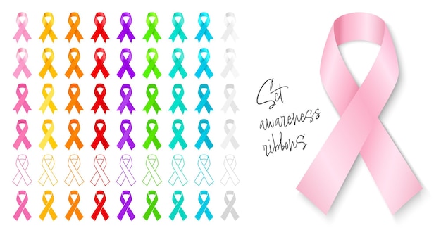 Big set color awareness ribbon different style pink ribbon with shadow symbol of breast cancer aware...