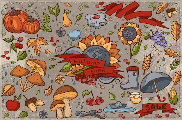 Big set colored hand-drawn doodles on autumn theme