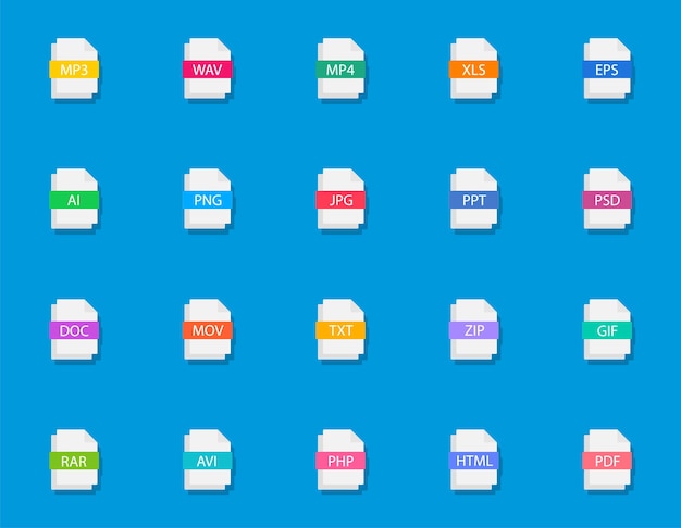 Vector big set of colorful file types document icons with different file types extensions