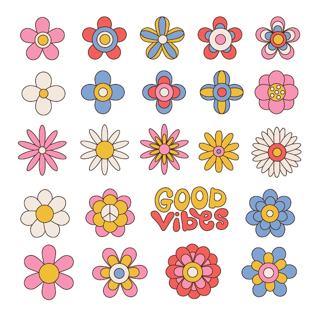 Big set of colorful floral geometric daisies groovy flowers collection in s hippie aesthetic funny m