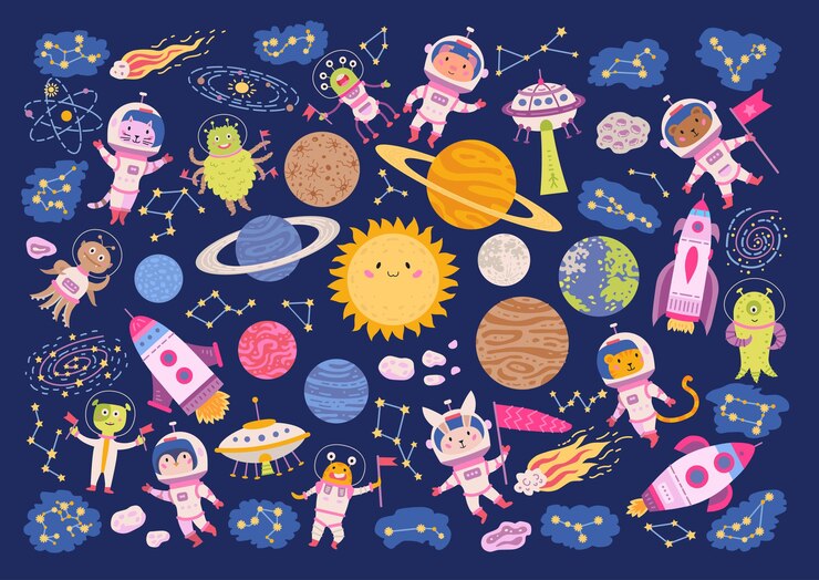 Vector 宇宙のかわいい動物宇宙飛行士の大きなセット。