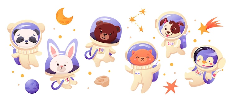 Vector big set of cute astronauts animals in space with rocket spaceships planets stars on white background