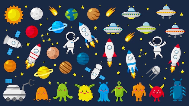 Grande set di simpatici astronauti nello spazio, pianeti, stelle, alieni, razzi, ufo, costellazioni, satellite, rover luna. illustrazione vettoriale