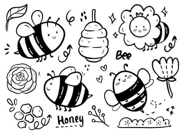 Vector big set of cute bees and flower doodle