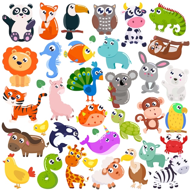 Big set of cute cartoon animals.   flat illustration.