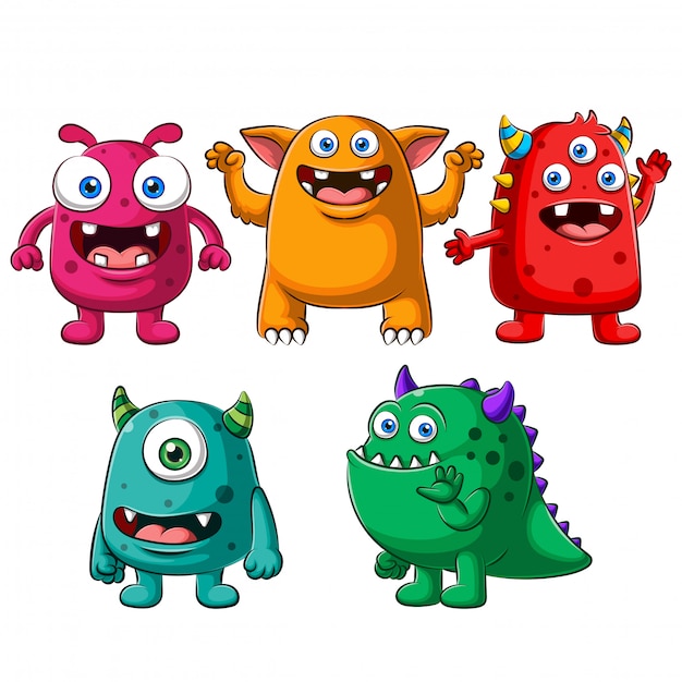 Big set of cute cartoon funny colorful monsters