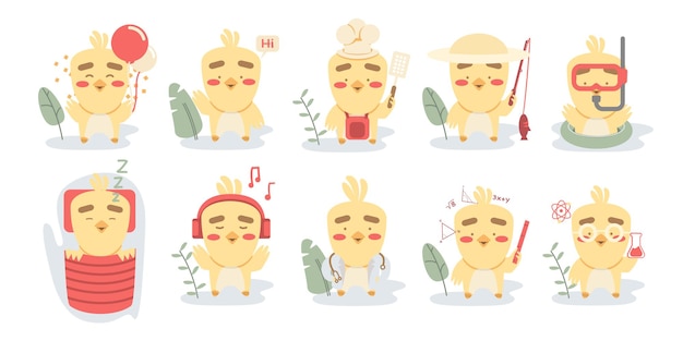 Big set of cute chicken character with various activities