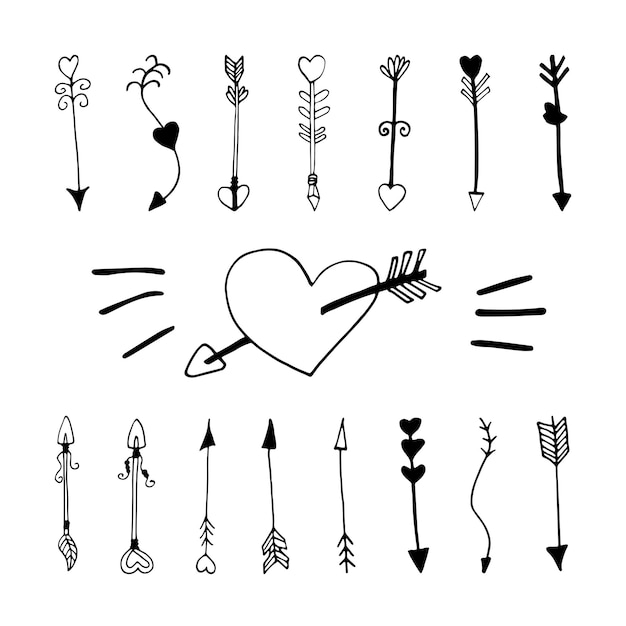 Big set cute doodle love arrows with heart icons. Hand drawn vector illustration. Sweet element for greeting cards, posters, stickers and seasonal design. Isolated on white background