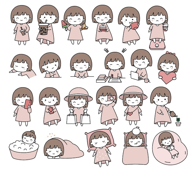 Vector big set cute girl cartoon character ,flat icon color.vector illustration