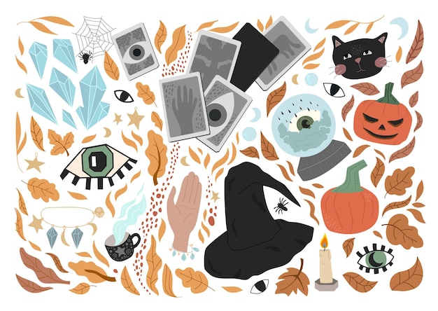 Big set of cute Halloween stickers. flat illustration for a postcard, poster or any design