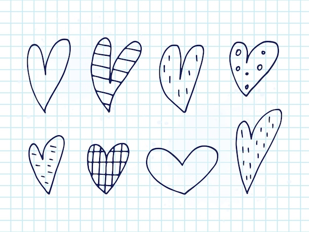 Big set of cute handdrawn doodle elements about love Message stickers for apps Icons for Valentines Day romantic events and wedding A checkered notebook Hearts with stripes and texture