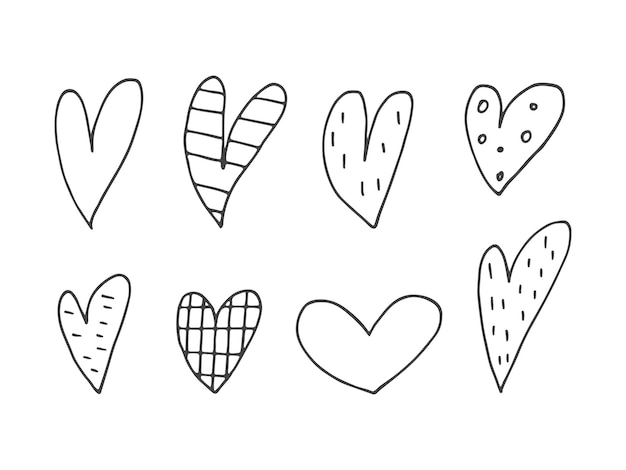 Big set of cute handdrawn doodle elements about love Message stickers for apps Icons for Valentines Day romantic events and wedding Hearts with stripes and texture