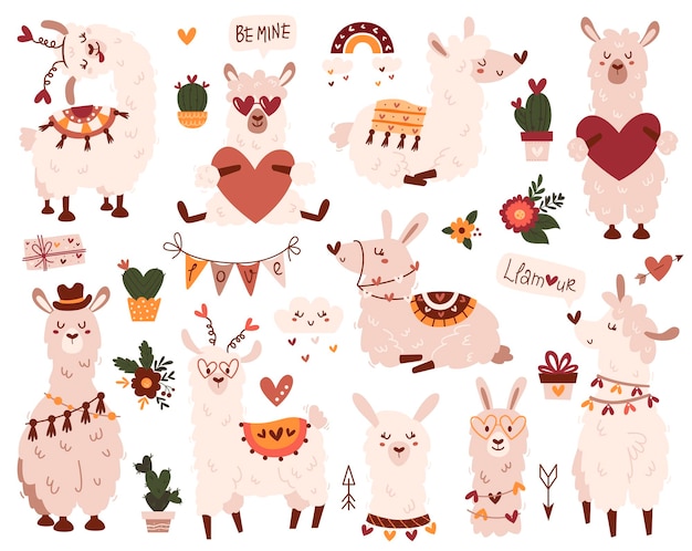 Big set of cute llamas and alpacas