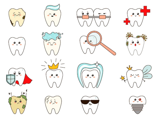 Vector big set of cute teeth with different emotions set for label design cartoon detailed illustrations