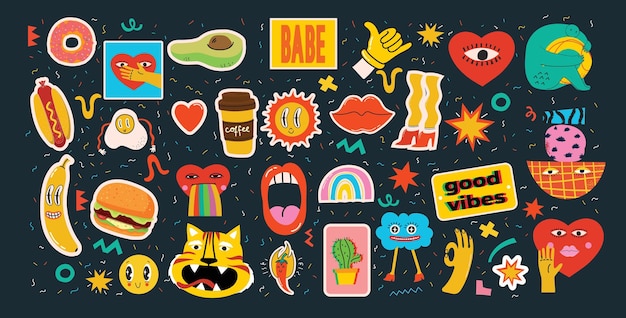 Big Set of Different colored Vector illustartions for posters in Cartoon Flat design Hand drawn Abstract shapes faces different texture funny Comic characters