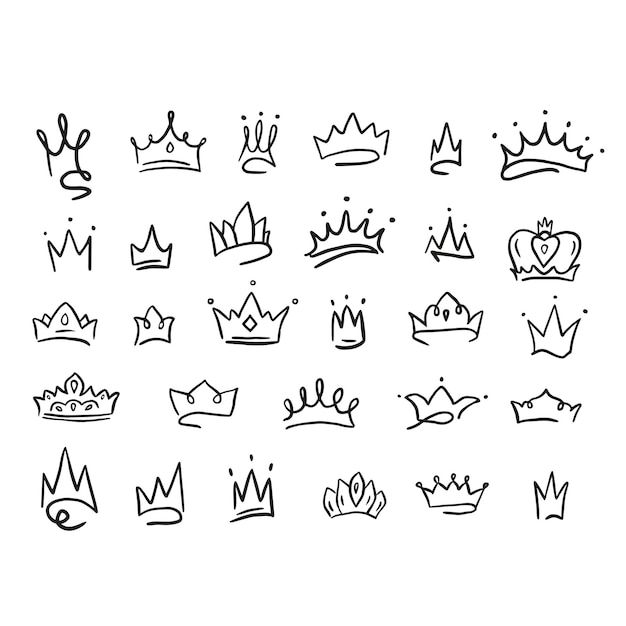 Big set of different crown icons drawn in doodle stylevector illustrationcrowns of princes