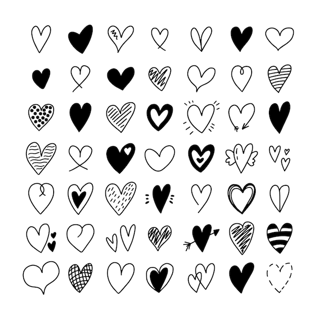 Big set of different hand drawn heart doodles. Collection of romantic heart shapes icons