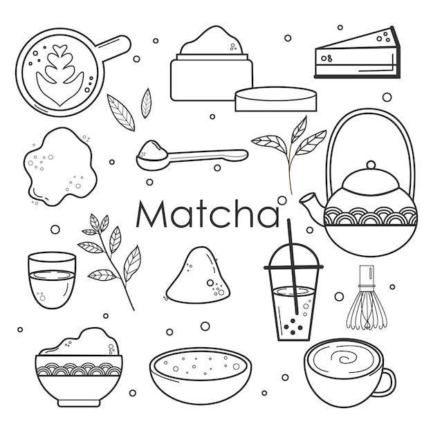 Big set of different matcha tea products in the style of doodles Japanese tea culture Matcha Latte is a healthy drinkHanddrawn vector color fashion illustration