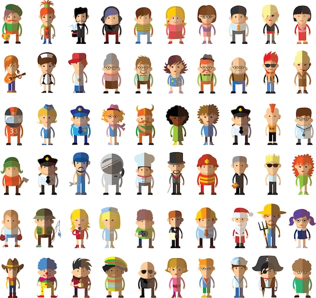 Big set of different professions flat cartoon characters Group of workers isolated on white background