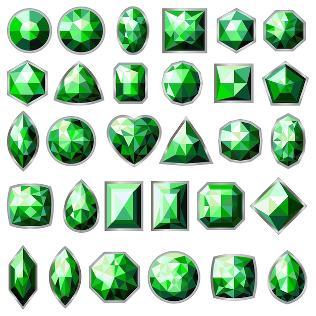 Vector big set of different types of green gemstones