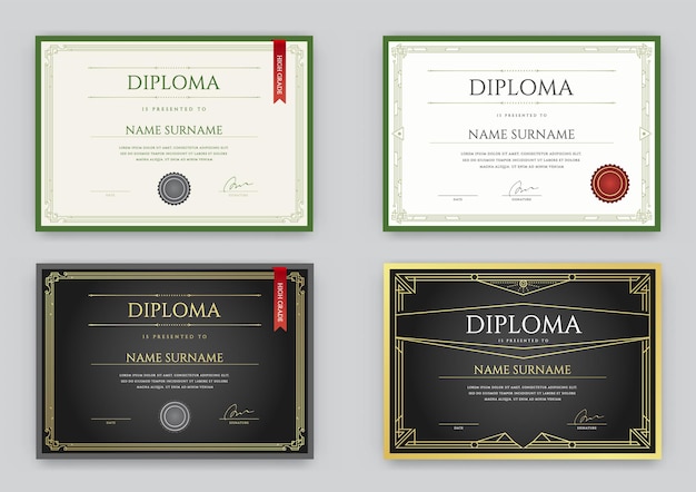 ベクトルの卒業証書または証明書プレミアムデザインテンプレートの大きなセット