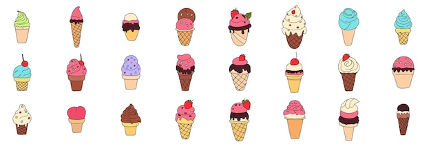 Vector big set of doodle ice cream hand drawn ice cream icon isolated on background vector illustration