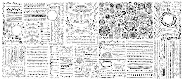 Vector big set of doodle sketch flower design elements floral drawing