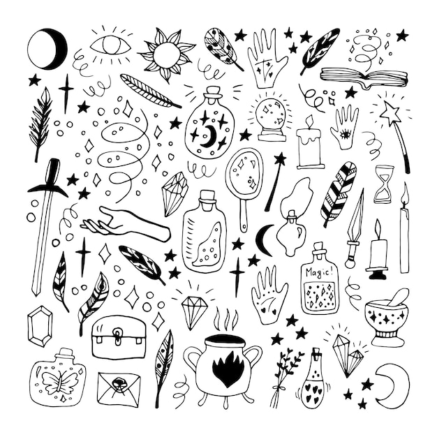 Big set doodle vector elements about esotericist. hand drawn jars, feathers, hands, cauldron, sun, moon, candles, stars and other magical symbols. isolated on white backdrop.