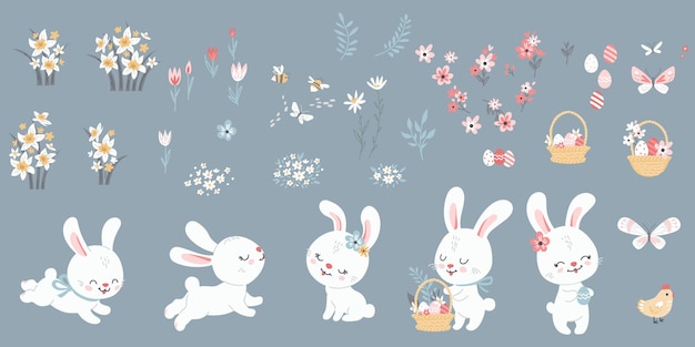 Big set of Easter bunnies,eggs, chicken and flowers