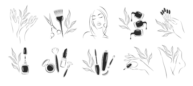 Big set of elements and icons for beauty salon. black and white cosmetics silhouettes  set.