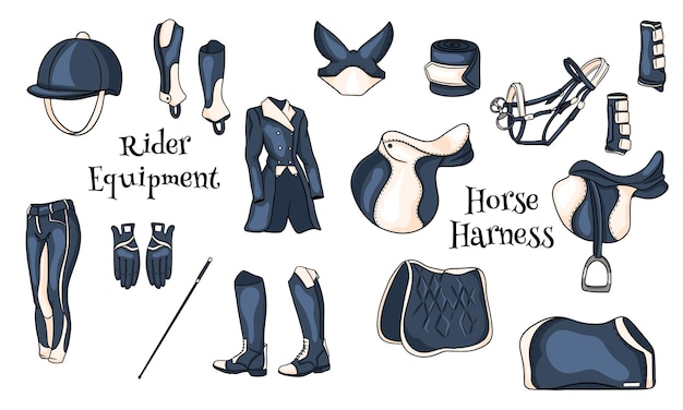 Big set of equipment for the rider and ammunition for the horse illustration in cartoon. Saddle, blanket, whip, clothing, saddle cloth, protection. Collection for design and decoration.