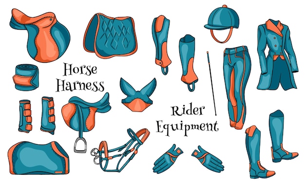 Big set of equipment for the rider and ammunition for the horse illustration in cartoon. saddle, blanket, whip, clothing, saddle cloth, protection. collection for design and decoration.