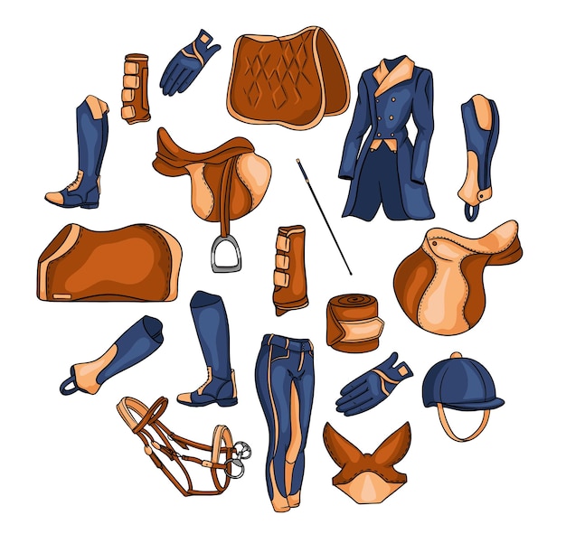 Big set of equipment for the rider and ammunition for the horse illustration in cartoon. saddle, blanket, whip, clothing, saddle cloth, protection. collection for design and decoration.