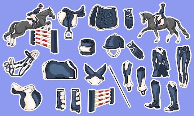 Grande set di attrezzature per il cavaliere e munizioni per il cavaliere a cavallo illustrazione in stile cartone animato. sella, coperta, frusta, abbigliamento, sottosella, protezione.