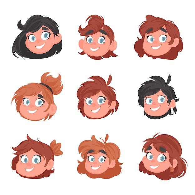 Vector big set of faces of cute and cheerful girls cartoon style