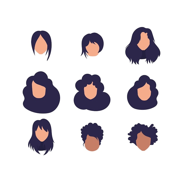 さまざまなヘアスタイルとさまざまな国籍の女の子の顔の大きなセット分離フラット スタイル