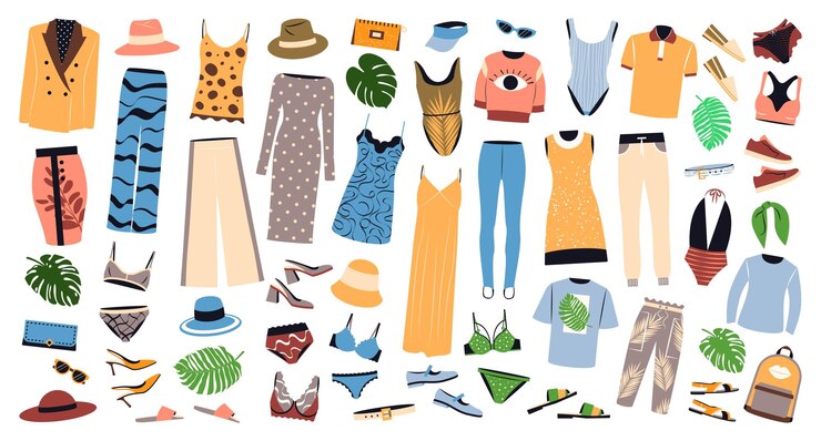 Big set of fashion clothing and accessories for summer Female apparel dresses pants shoes