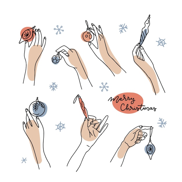 Big set of female hands holding christmas balls and baubles hand drawn vector illustration in line a...