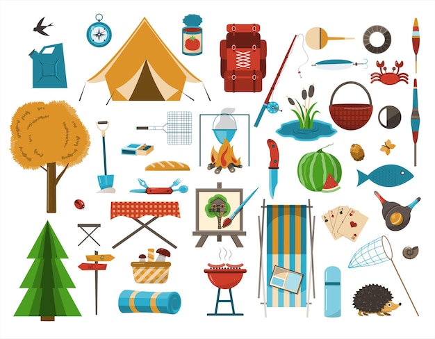 A big set of flat icons for camping vector cartoon illustration equipment for hiking cliparts