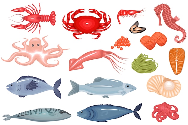 Big set of flat seafood icons illustration